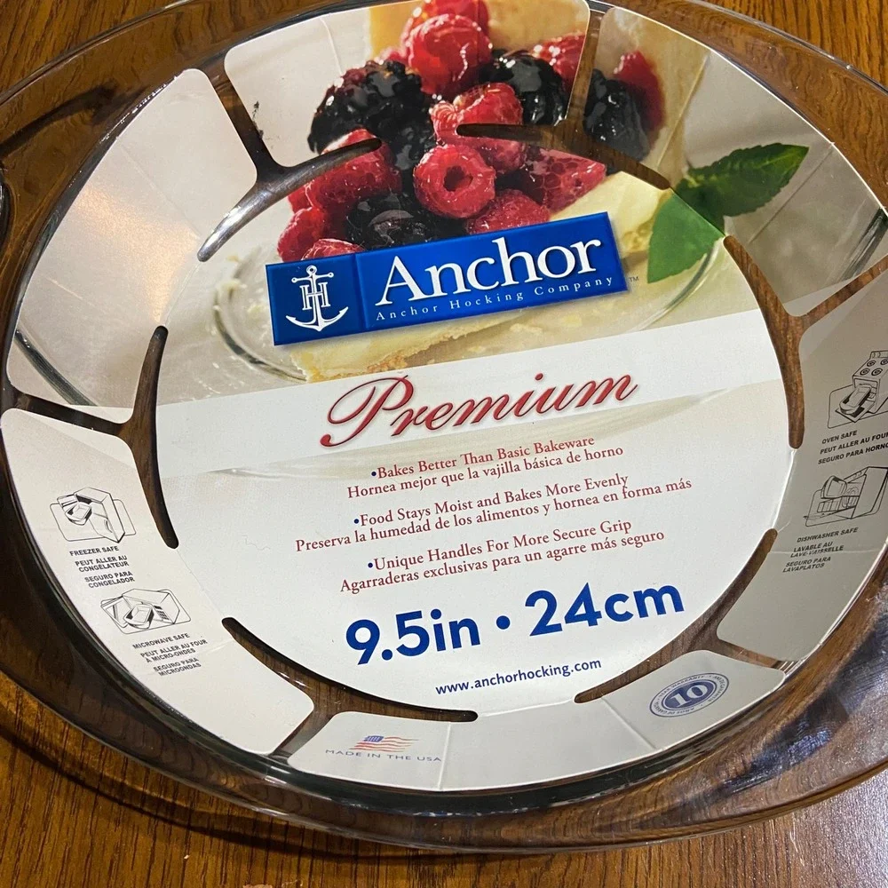 Anchor Hocking Premium 9.5in 24cm Glass Pie Dish with Handles CZ81997W7 USA Made